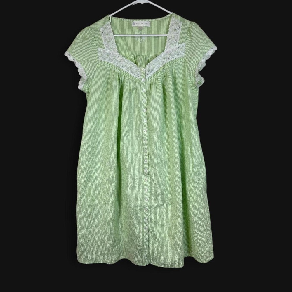 Y2K Eileen West Seersucker Striped Embroidered House Dress Nightgown Womens M